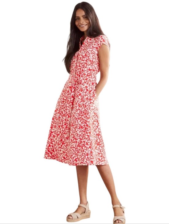 Boden Dresses & Skirts - Boden Midi Shirt Dress Size 6 Coral White Full Front Hidden Buttons Pockets